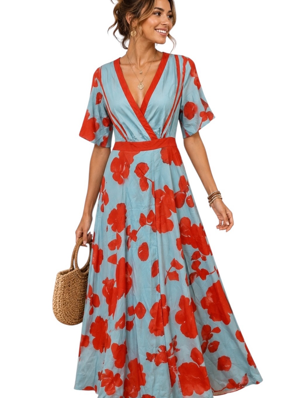 Floral Maxi Dress Medium Aqua Blue Red Surplice V Neck Kimono Sleeve Resort